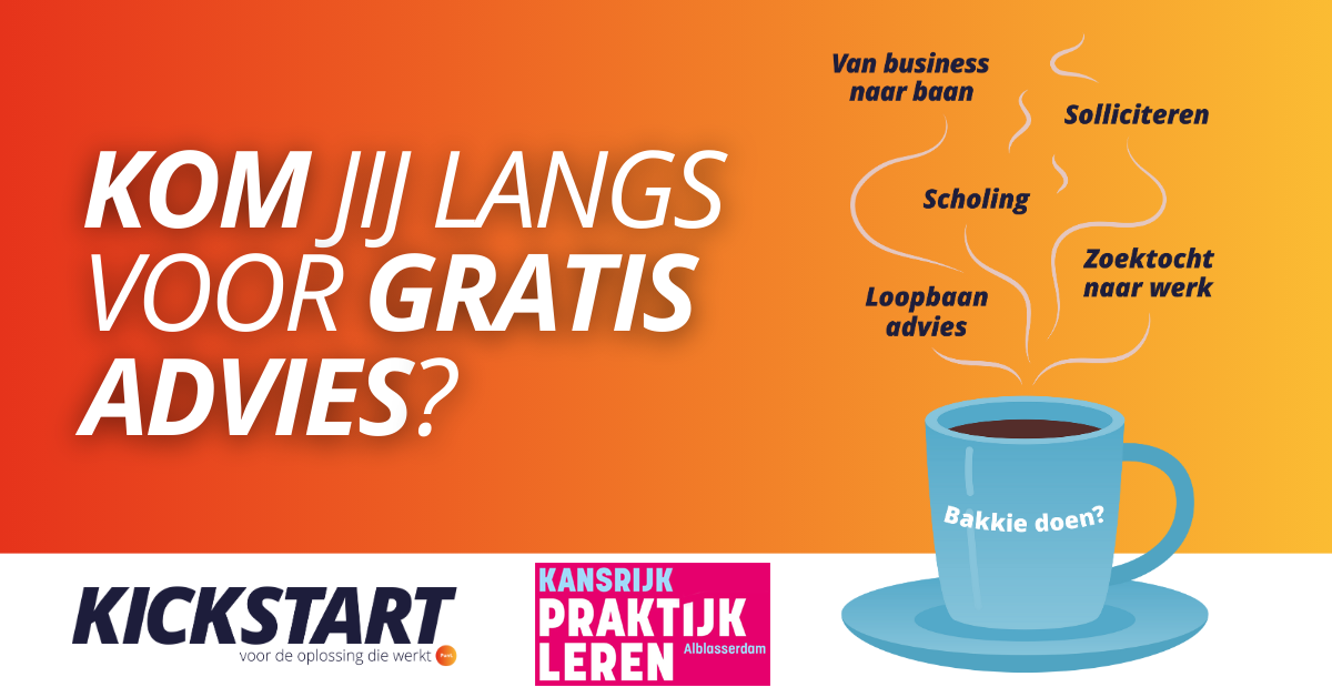 Advertentie van Kansrijk en Kickstart om op 16 april gratis advies te krijgen over werken en leren