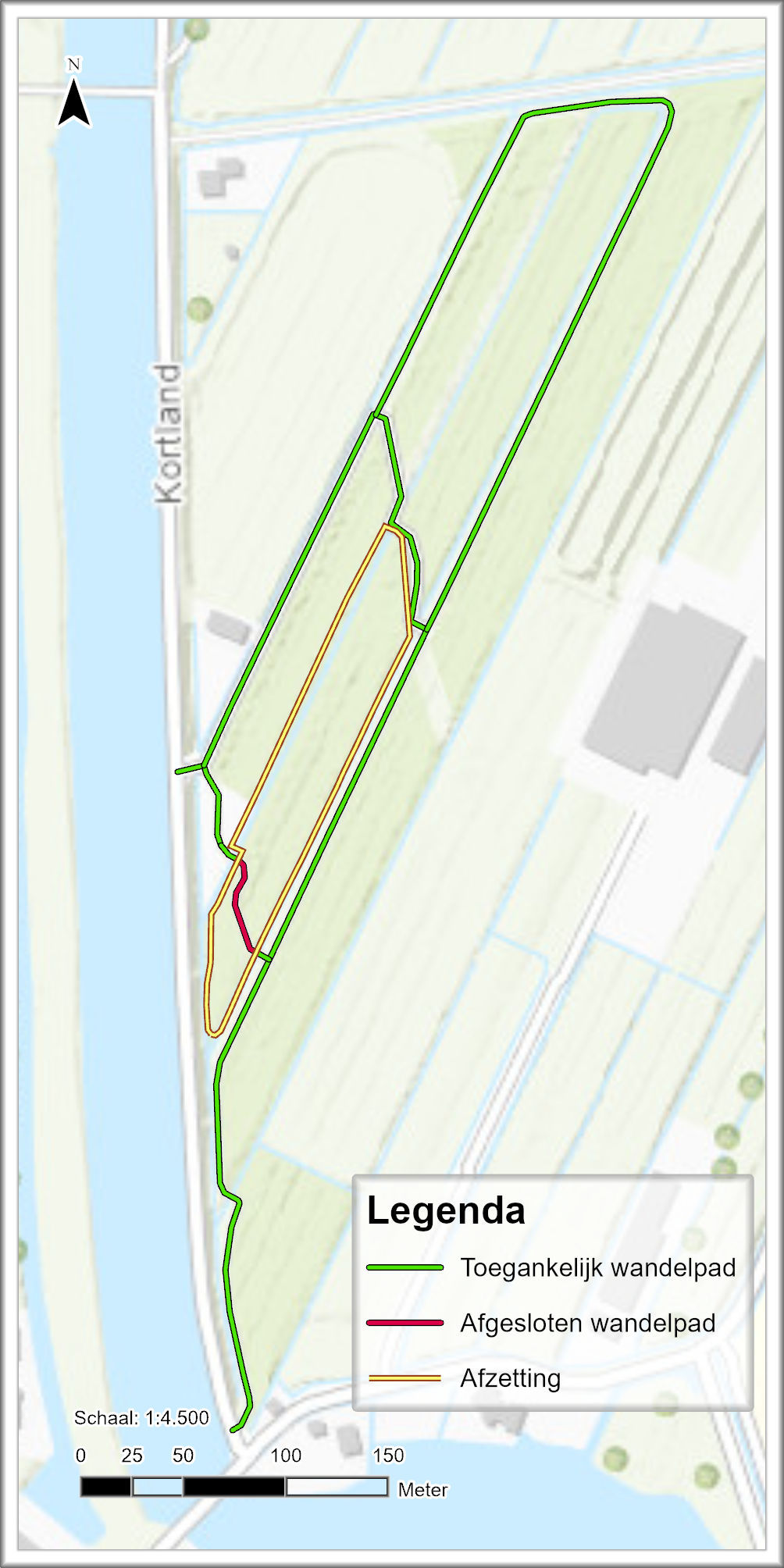 Afsluitingen in het wandelgebied Polder Kortland gedurende de voorbereiding en berging