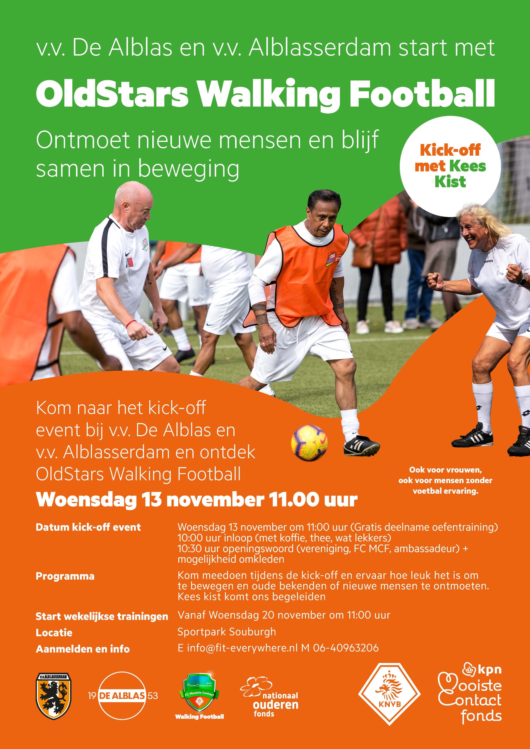 Flyer met informatie over de kick-off van het Oldstars Walking Football op woensdag 13 november om 11.uur.