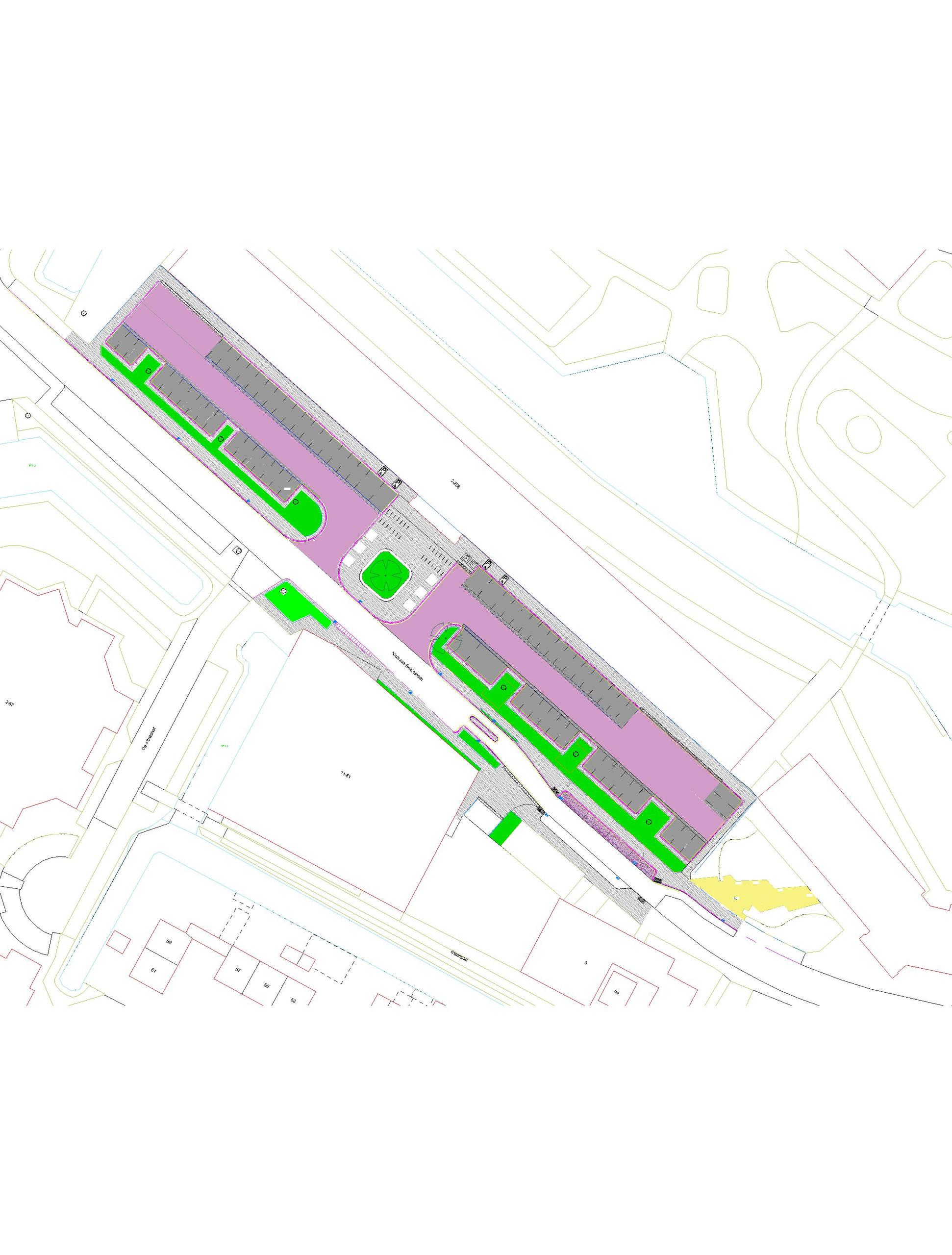 Technische tekening van de nieuwe situatie (na werkzaamheden) van het parkeerterrein aan de Nicolaas Beetsstraat.