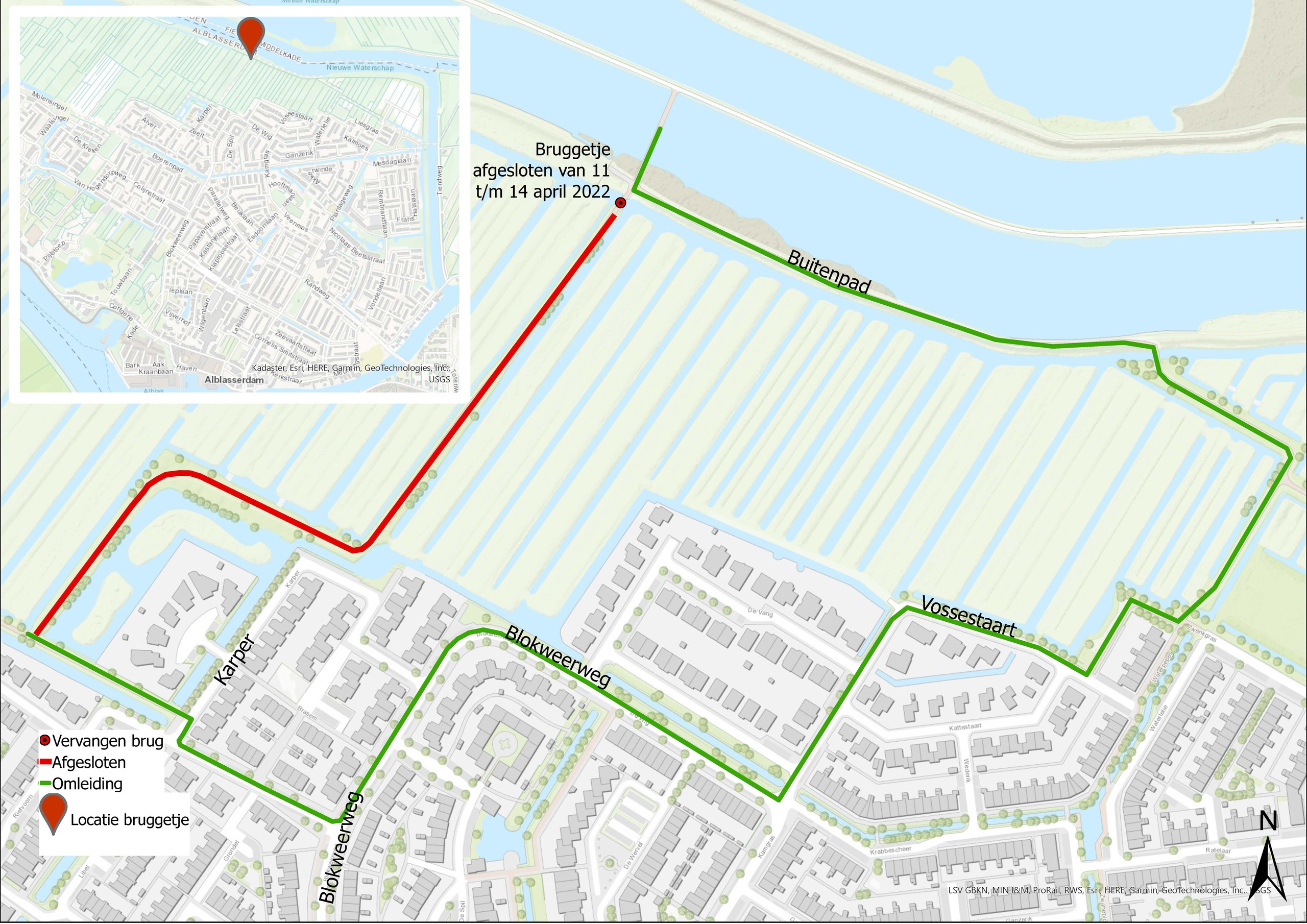 Kaart locatie en omleidingsroute ivm vervanging bruggetje Buitenpad