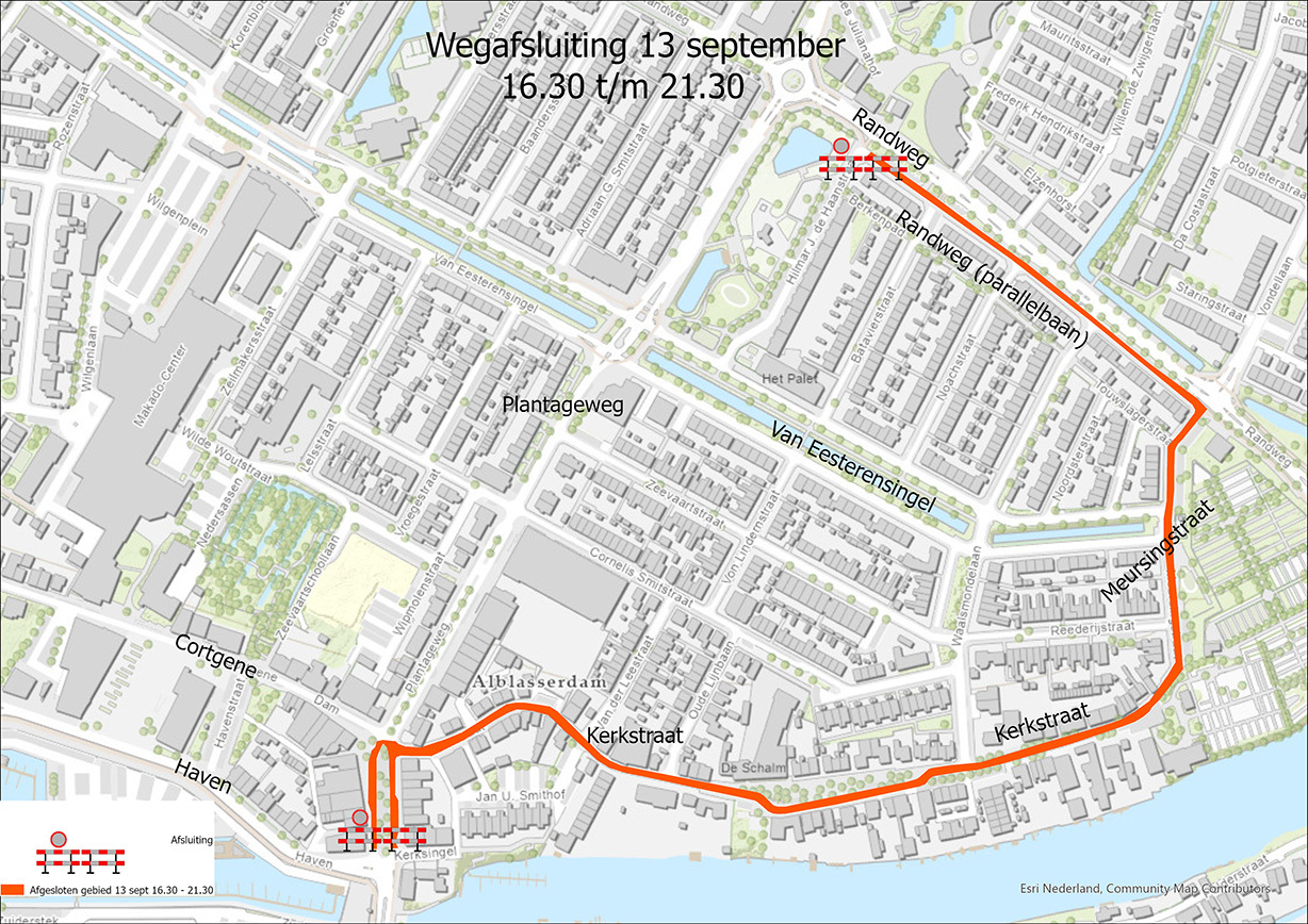 Kaart met wegafsluitingen op 13 september 2022 zoals in tekst beschreven