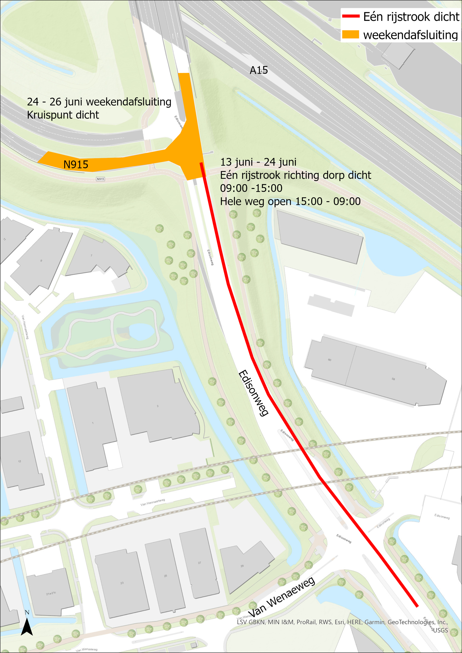 Kaart met afsluiting ivm aanleg busbaan Edisonweg